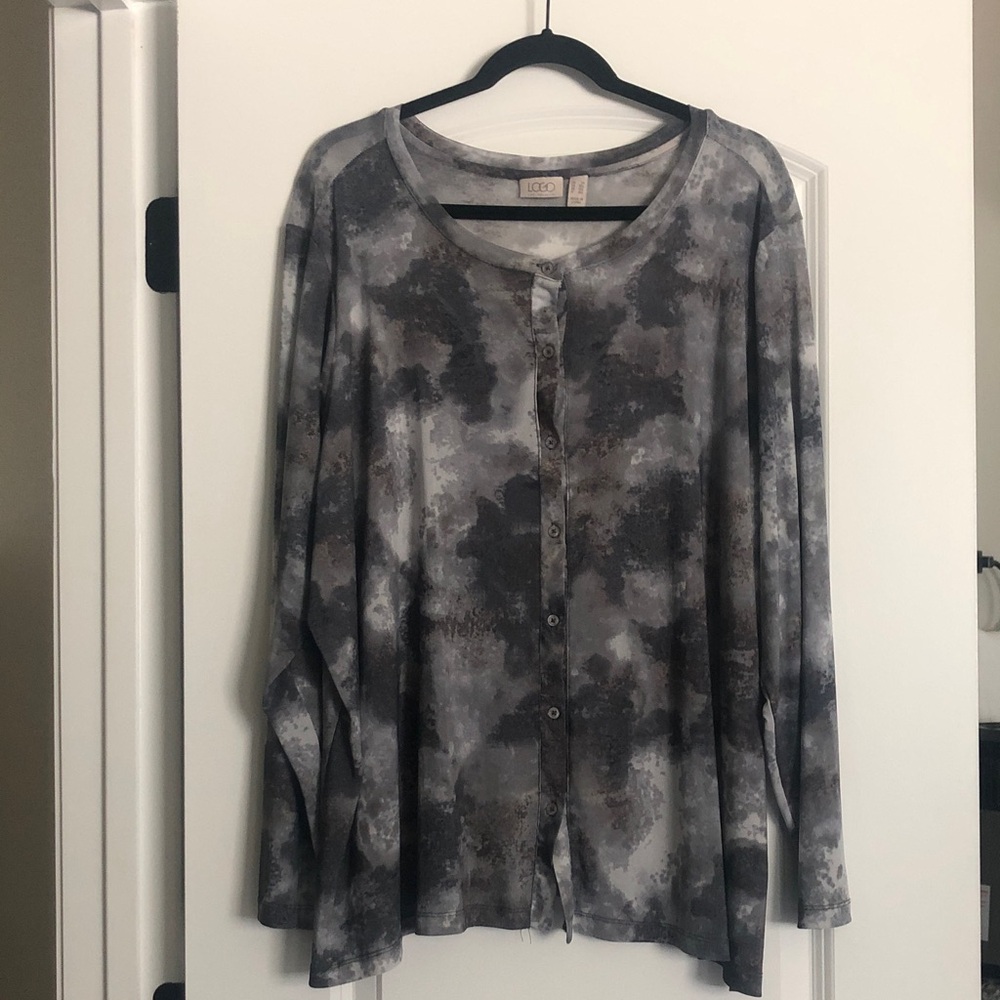 Logo by Lori Goldstein Gray Water colors Button Front mesh cardigan Top 2X